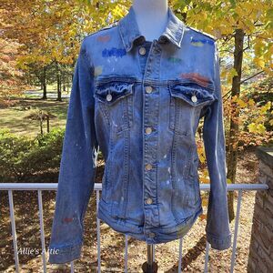 Embellish Soft Stretchy Colorful Blue Distressed Stud Denim Jean Jacket Wmns L